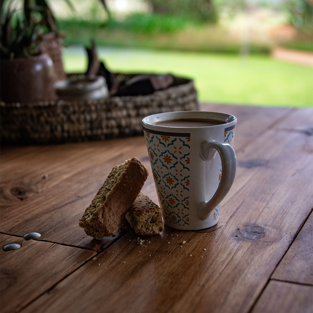 Taza de café junto a bizcocho elaborado con AOVE Arbequina sobre mesa de madera en jardín
