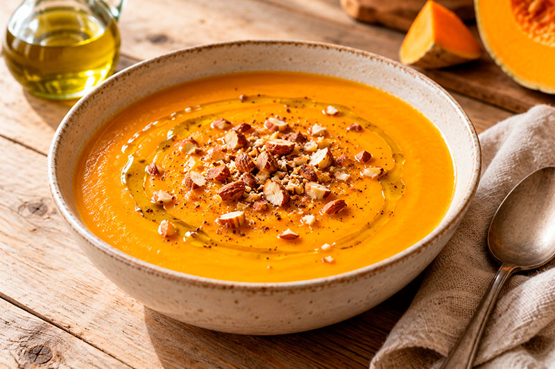 Crema de calabaza asada con almendras
