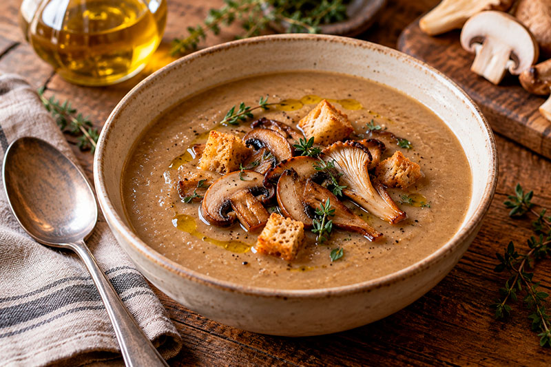 rema de setas y puerro de la receta con AOVE Arbequina, con setas salteadas y picatostes.